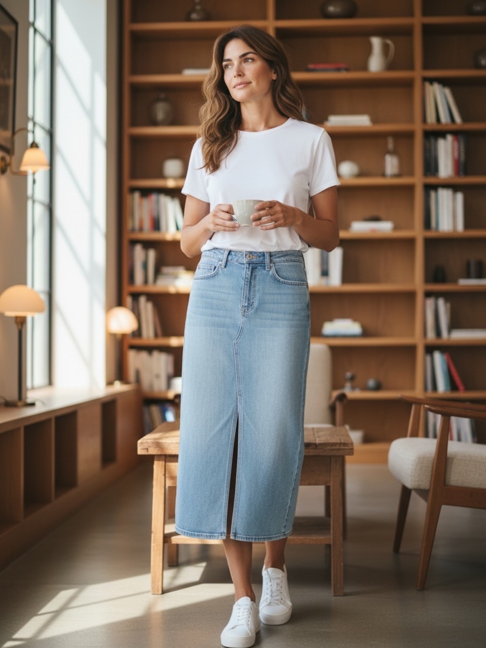 Light Wash Denim Midi Skirt with Front Slit